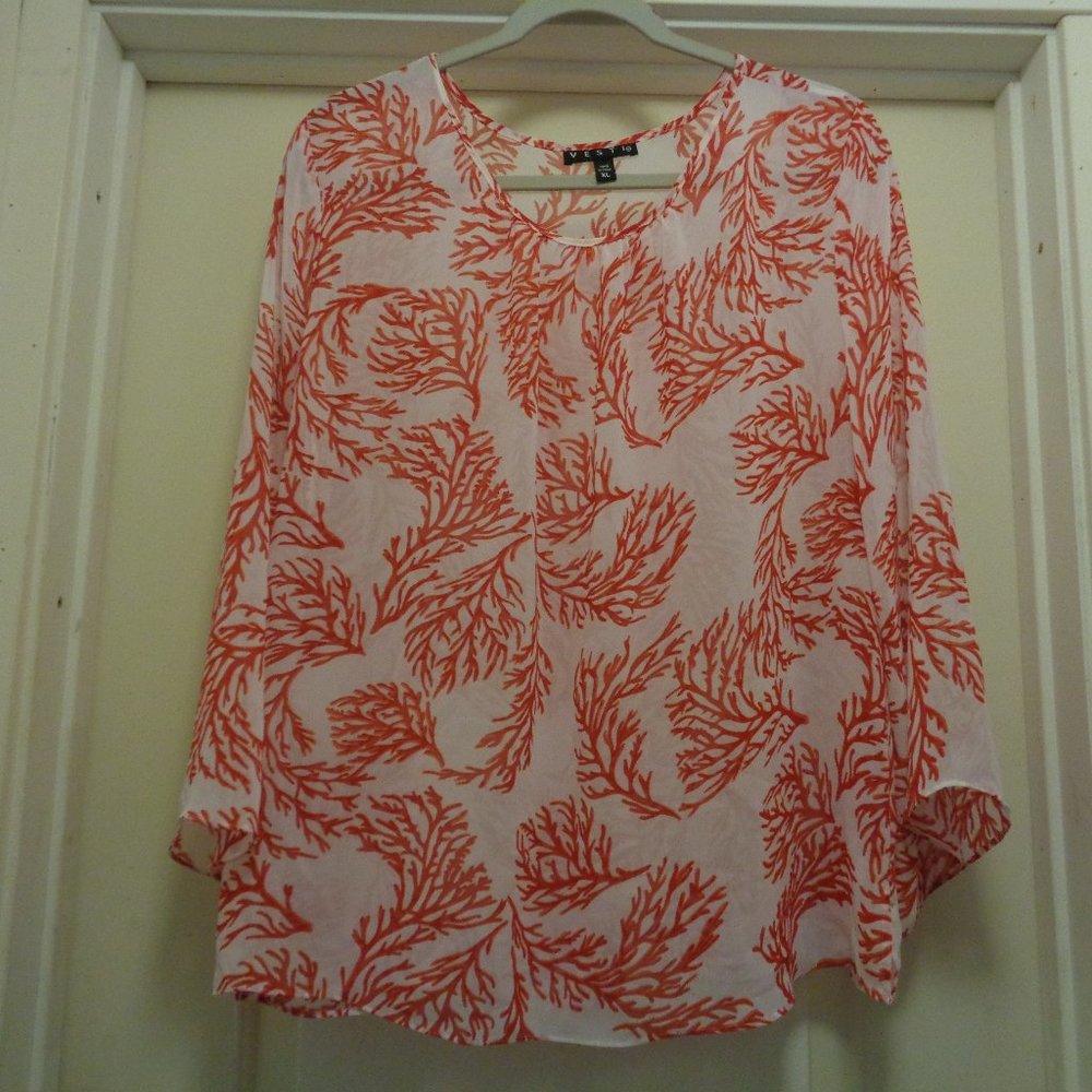 VESTI SEMI SHEER RED & WHITE FLORALS CHIFFON DRAPED BLOUSE X LG